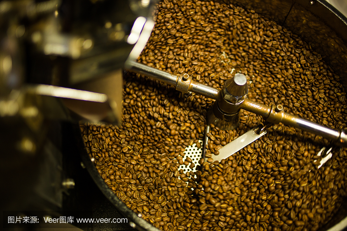 將剛烤好的咖啡豆倒入冷卻機中
